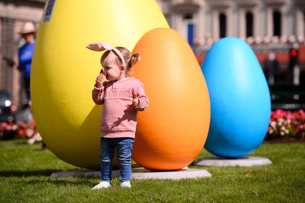 Isabelle in front of the Easter decorations in the Sturt Street gardens. Picture by Adam Trafford 