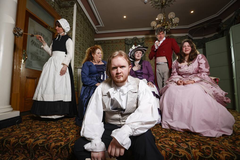 Mr Bennet's Bride cast members Ciaran Corrigan (front) with Lynette Plenderleith, Elly Krieg, Laura Farrow, Dan Purdey and Clementine Sawyer. Picture by Luke Hemer