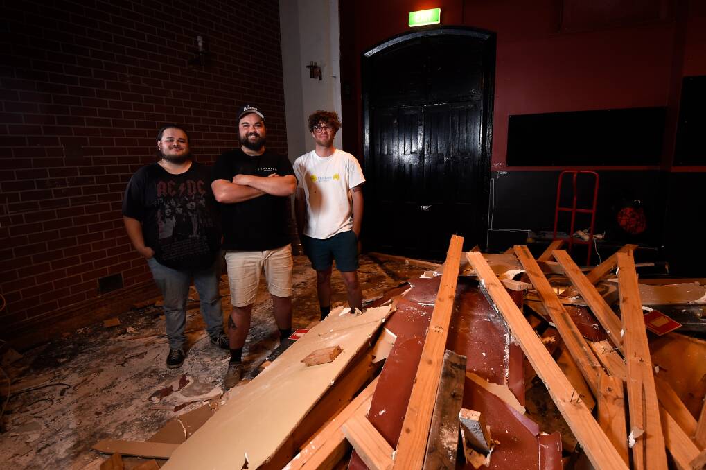 Production manager Braiden Michetti, owner and manager Zac Hill and booking agent Lachy Anderson changing Karova Lounge into Volta. Picture by Adam Trafford 