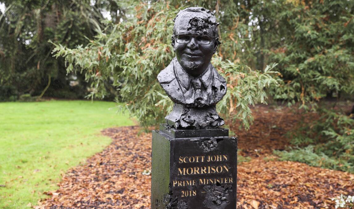 COAL-MO: Activist group Rouser placed a coal-like bust in the Ballarat Botanical Gardens on Monday. Picture: Luke Hemer