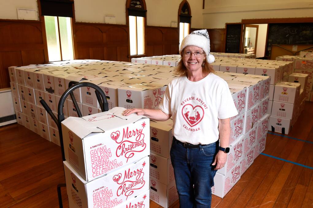 Heather Luttrell with the hundres of boxes donated to Ballarat families in 2022. Picture by Adam Trafford
