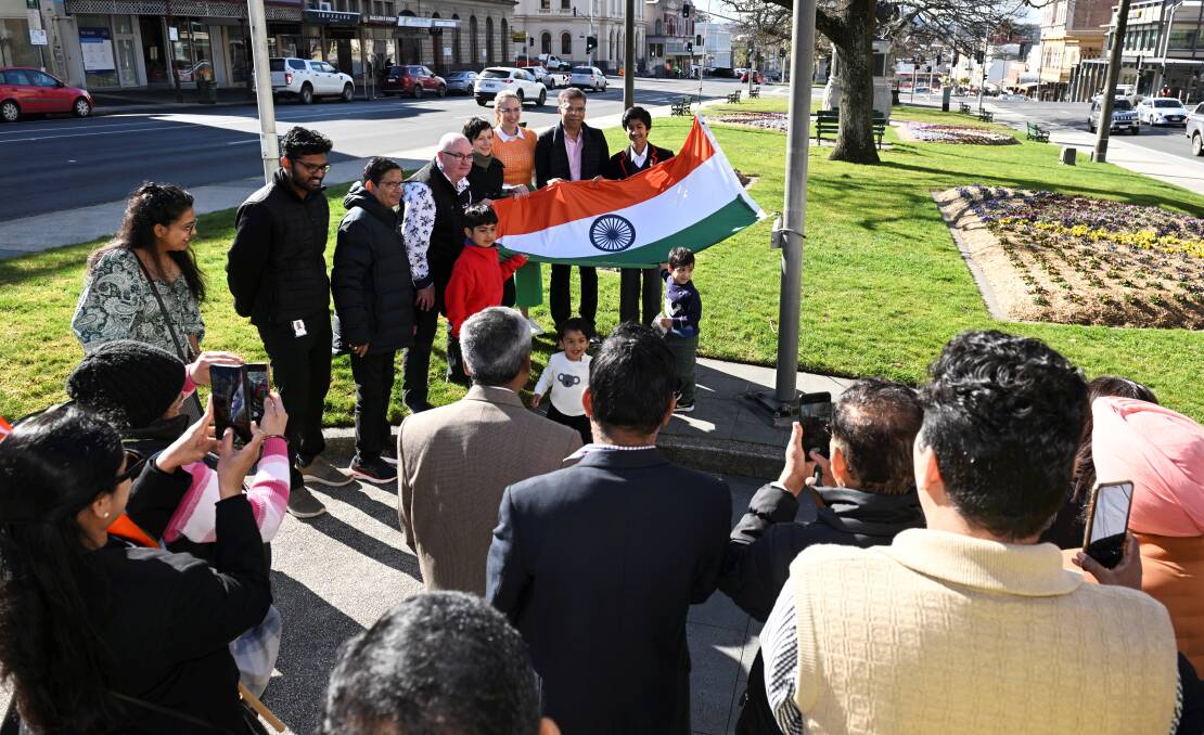 Crowds at Victoria Square for the 2023 Indian Independence Day flag raising. Picture by Lachlan Bence