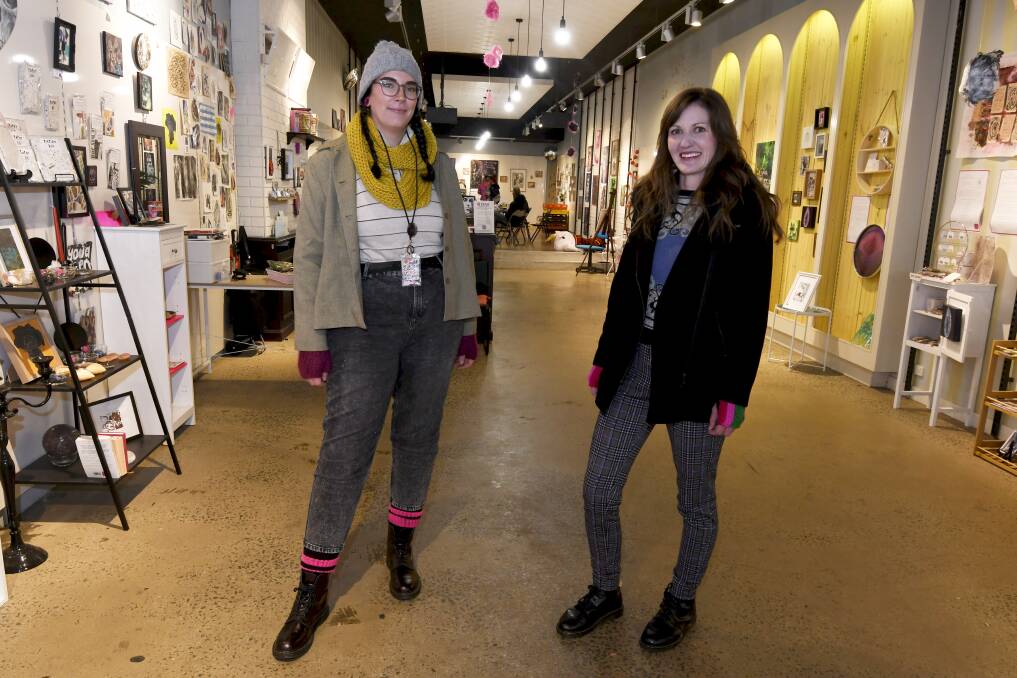 Toni Louise and Holly Would in the FEAR Collective Inclusive art space in Bridge Mall, pictured in June 2022. Picture by Lachlan Bence