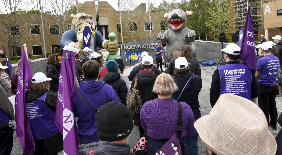 Union members taking industrial action at Federation University Mt Helen campus. Pictures by Lachlan Bence. 