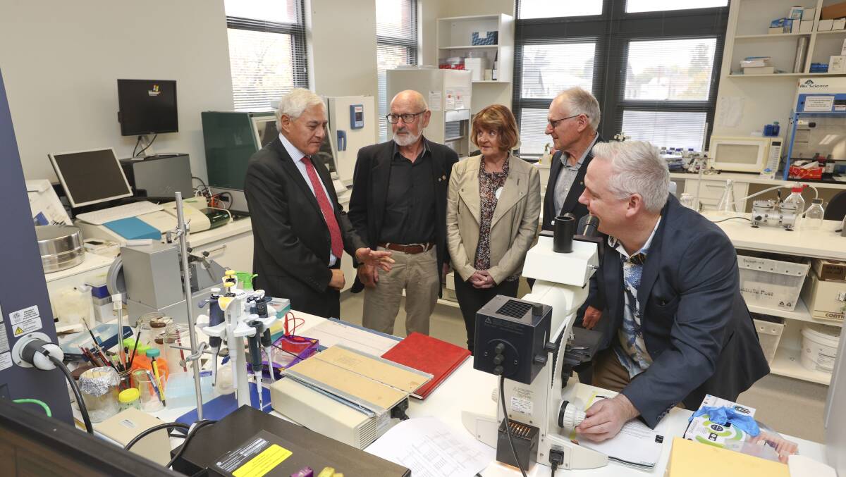 ADVANCE: FECRI's Dr Jason Kelly and Professor George Kannourakis with rotary representatives Max Fry, Anne Appledore and Barry Stokes. Picture: Luke Hemer