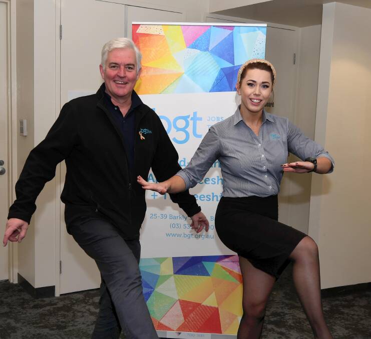 Ballarat Group Training chief executive Graham McMahon with trainer Rebecca Patton who is participating in Dancing with our Stars 2023. Picture by Lachlan Bence