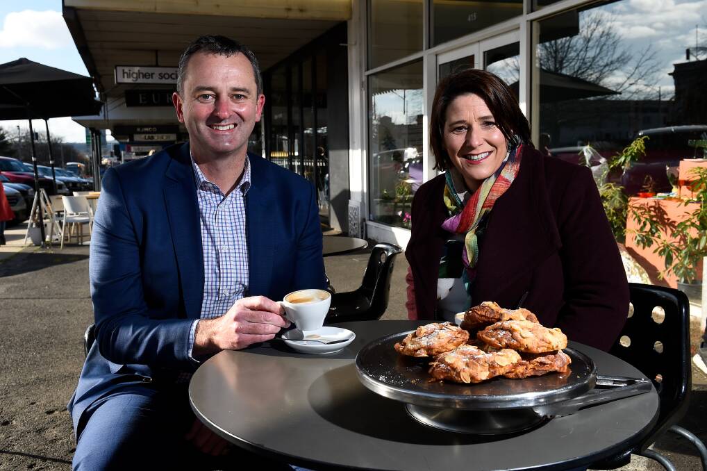 Ballarat Mayor Daniel Moloney and Wednouree MP Juliana Addison announcing state government investment in outdoor dinning on Sturt Street. Picture: Adam Trafford.