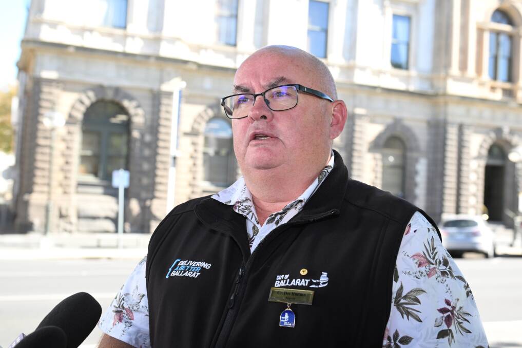 Des Hudson speaks outside Town Hall on March 7. Picture by Lachlan Bence