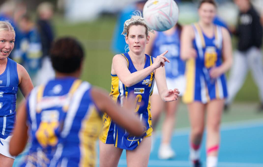 MOVING FORWARD: Learmonth's Katelyn Sutton in action in the Lakies' win over Waubra. Picture: Luke Hemer.