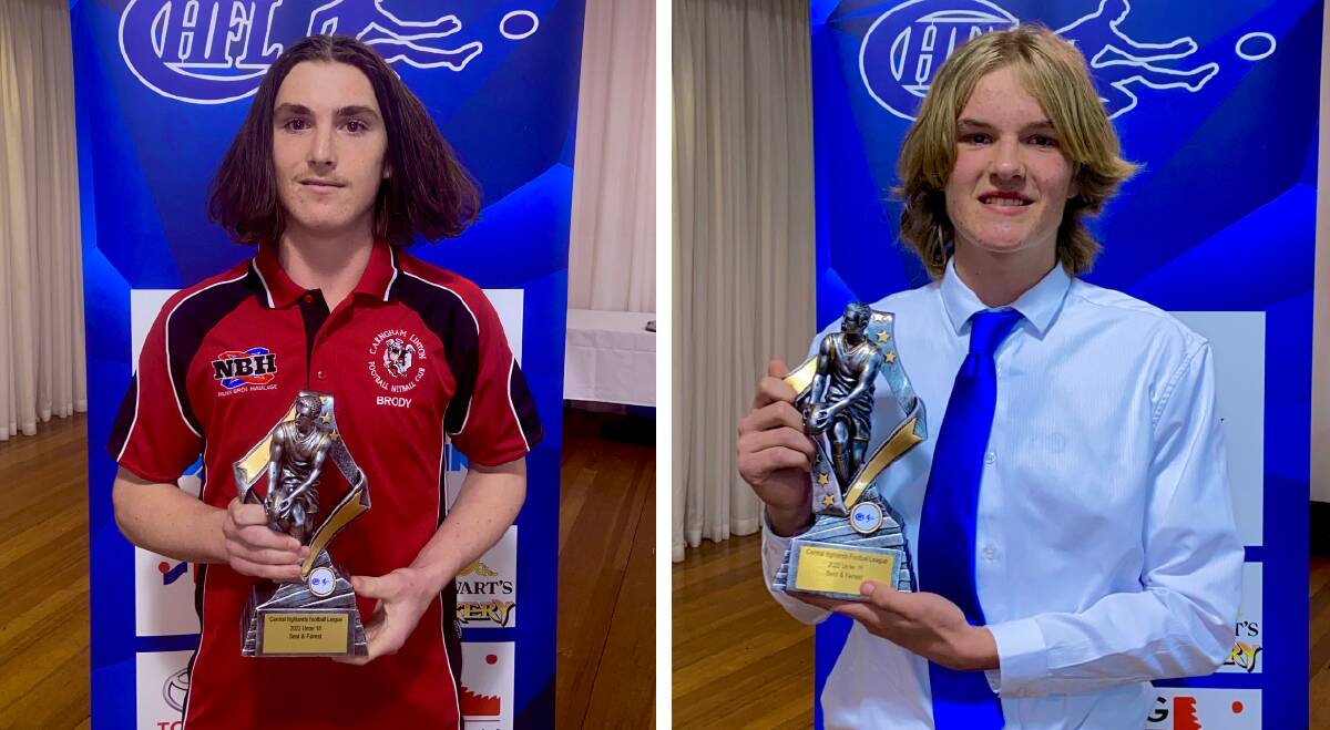 Carngham-Linton's Brody Benson (18/U) and Learmonth's Rohan Flowers (15/U) with their best-and-fairest awards on Wednesday night.