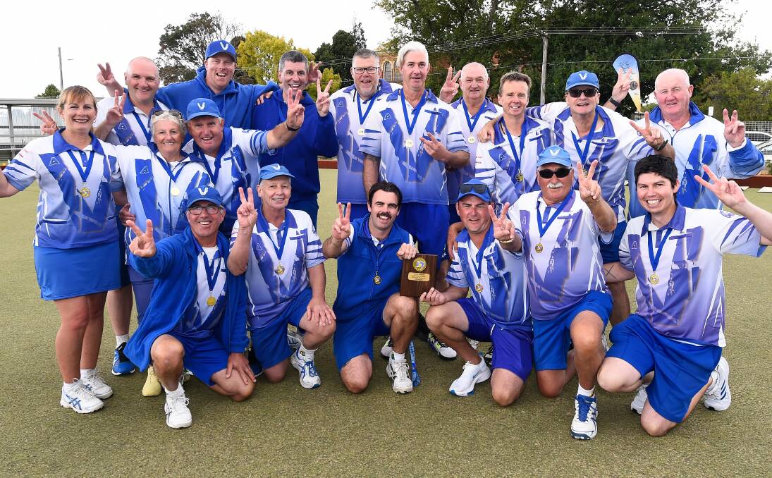 Victoria's division one Ballarat Highlands Bowls Region side celebrates their Weekend pennant grand final victory. Picture by Adam Trafford