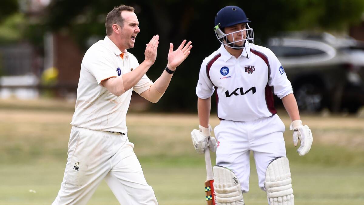 Tristan Dixon of East Ballarat CC celebrates a wicket. Pictures by Adam Trafford