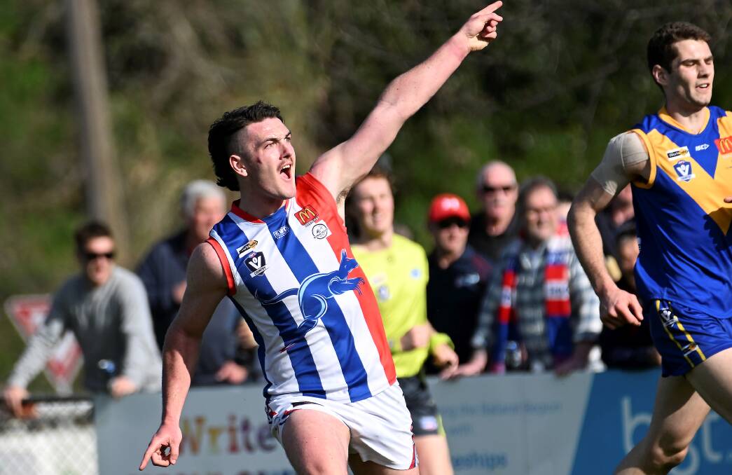 Jack Jeffrey celebrates a goal in East Point's elimination final victory. Pictures by Lachlan Bence
