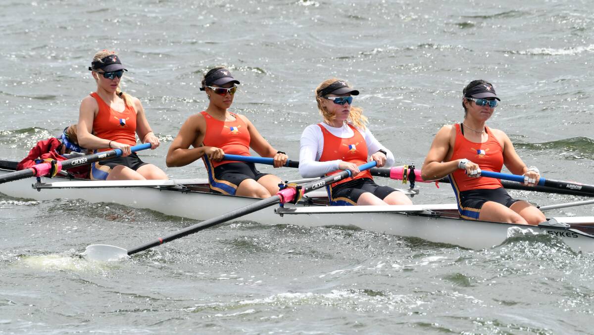 The Ballarat Clarendon College open girls crew is aiming for three-consecutive Head of the Lake crowns. Picture by Kate Healy