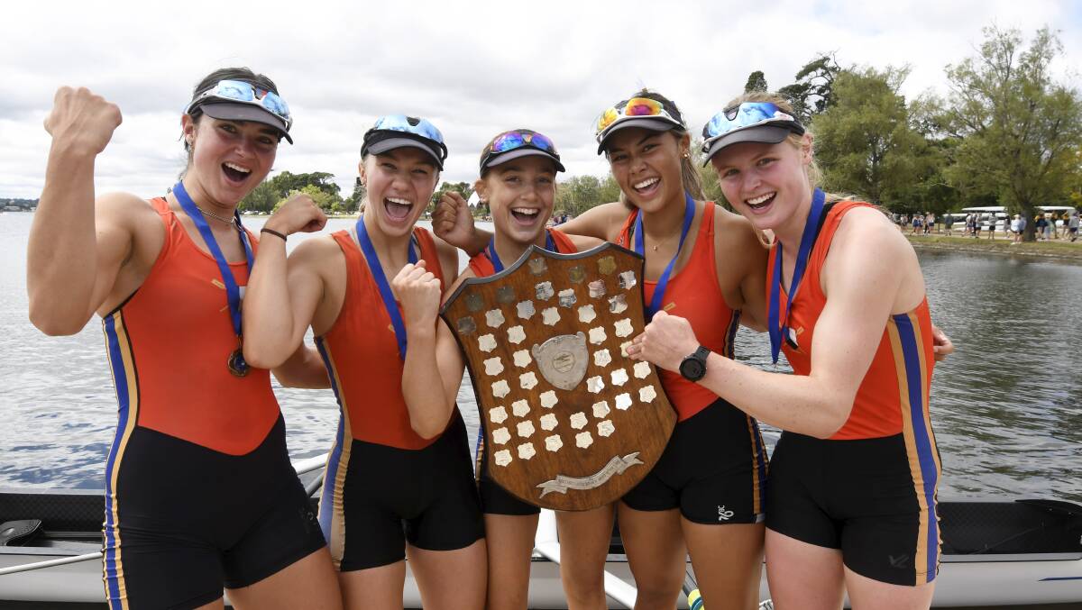 Ballarat Clarendon College's victorious girls' open crew members Katie Jackson, Lily Dwyer. Chloe Tippett, Teja Kirsanovs and Lucy Richardson. Picture by Lachlan Bence