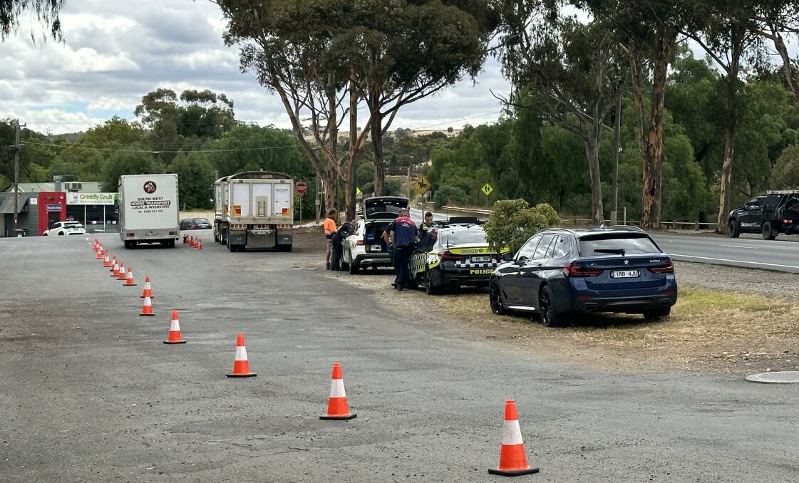 Moorabool Highway Patrol officers checked 34 heavy vehicles on Thursday. Another roadside stop was set up at Waubra. Picture Victoria Police.