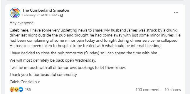 Smeaton's Cumberland Hotel was forced to close on Sunday, but will reopen as usual on Wednesday. Picture Facebook.