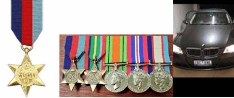 Police have released images of the WW2 medals missing from Buninyong and a BMW with the registration ARB 069. Pictures supplied by Victoria Police.