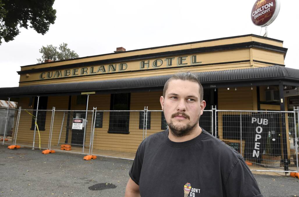 James Consiglio outside Smeaton's hotel. The veranda was damaged in a December car crash and in February the 26-year was hit by a car in a separate incident. Picture by Lachlan Bence.