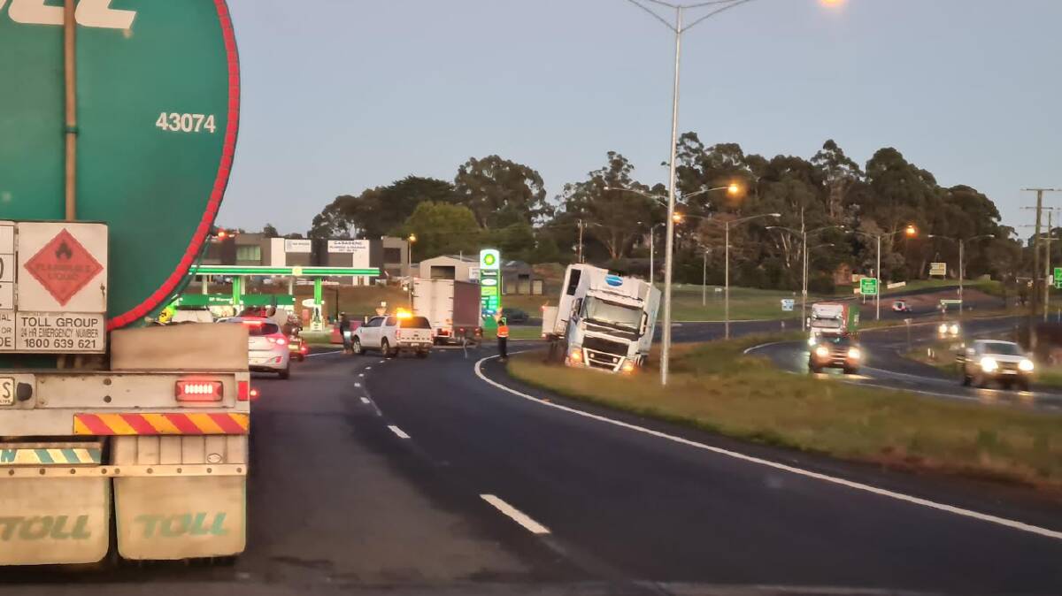 Traffic was diverted down a service road while the B-double waited to be towed away. Picture supplied.