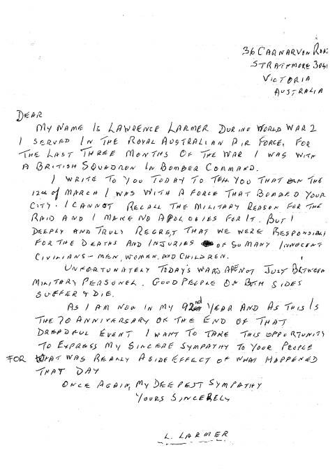 A copy of one of the 2015 letters sent to the German areas that Laurie Larmer bombed in 1945. Picture file.