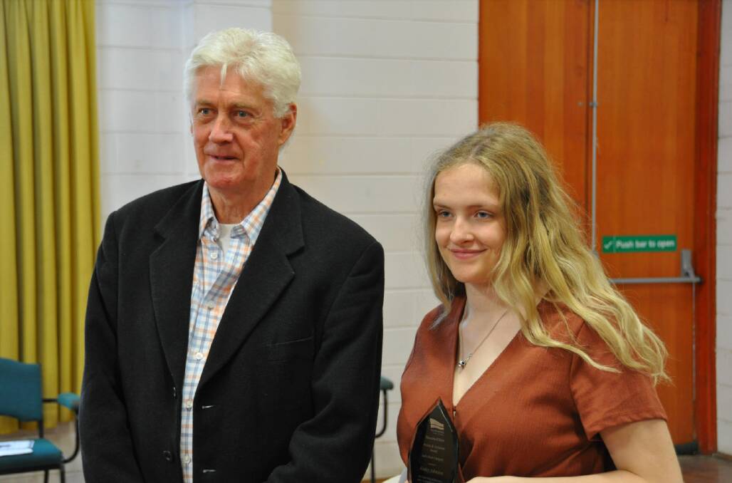 Keeley Johnson with Mayor Tom Sullivan at a 2020 awards ceremony for disability advocacy in the Moorabool Shire. Picture by Gabrielle Hodson.