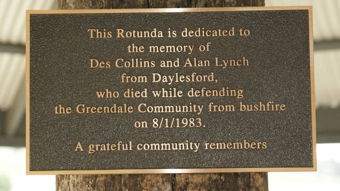 A plaque at Egan Reserve is dedicated to the two Forests Commission Victoria firefighters who died trying to save Greendale. Picture supplied.