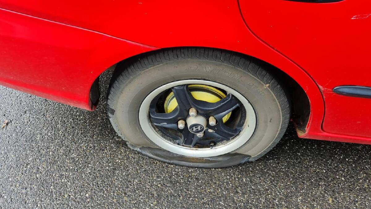 One of the tyres slashed overnight in Lucas on Monday/Tuesday. Picture The Courier. 