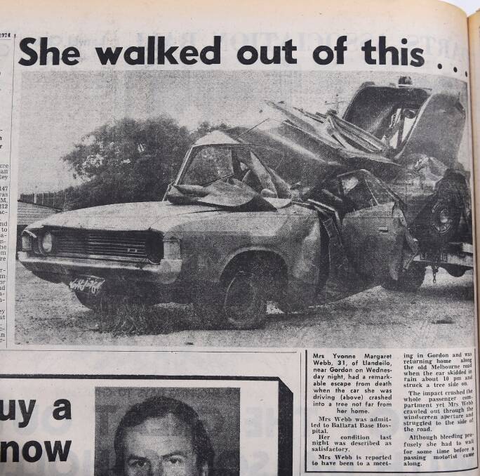 Yvonne Smith's accident as reported in The Courier on December 13, 1974. The accident was overshadowed by a fatality at Bradshaw. 