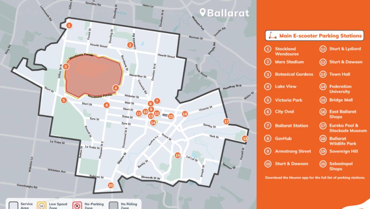 PERMITTED LOCATIONS: A map of the area where e-scooters can operate during the 12-month Ballarat trial. Picture: Neuron.