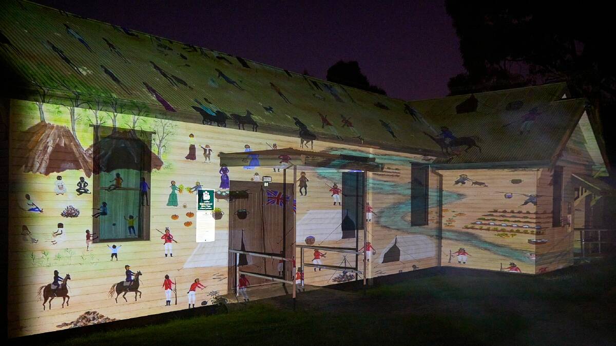 The Gordon Public Hall was lit up with images by local indigenous artist Marlene Gilson. Picture by Moorabool SC.