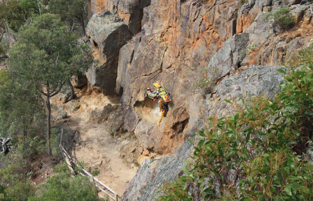 FRV Firefighters and students took part in a series of clifftop rescues at Werribee Gorge State Park this week. Picture supplied.
