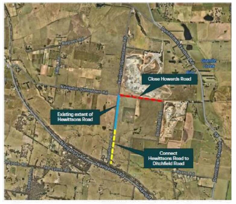 Boral has purchased nearby properties and wants Howards Road (red) formally discontinued. In return, Moorabool wants Hewittsons Road extended and fully sealed.(yellow). Picture MSC.