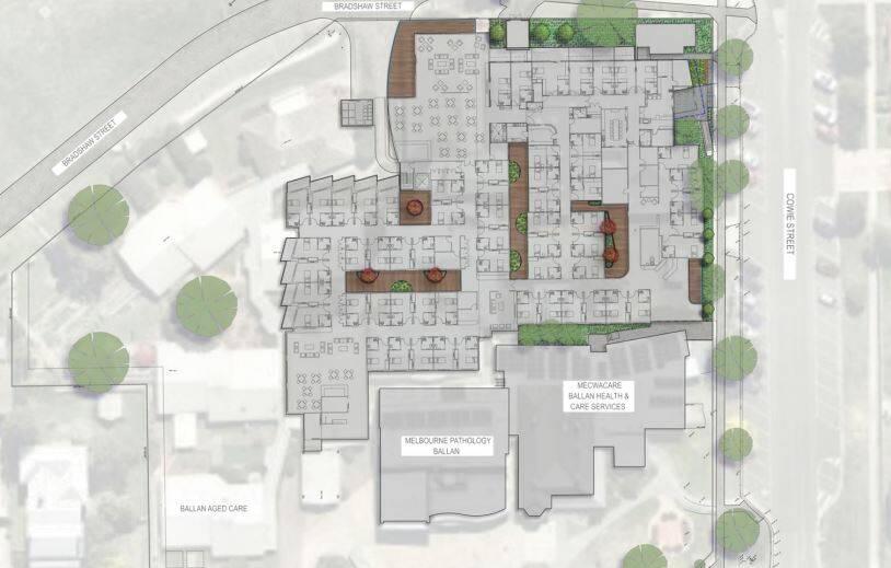 Plans showing a series of decks and courtyards. It also labels the gym and pool as 'Melbourne Pathology', which is a blood collection service based in a different part of the site. Picture by Moorabool Shire Council.
