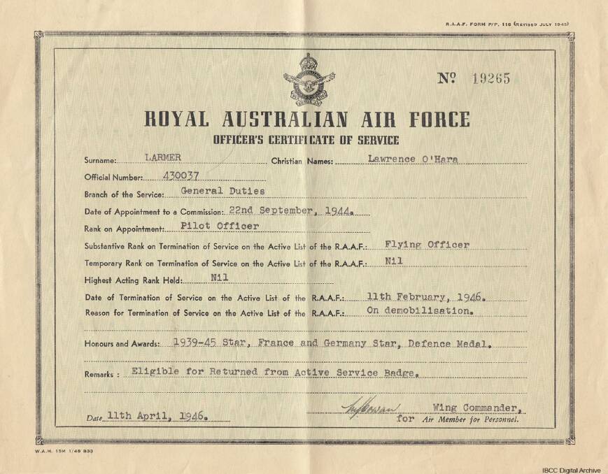 Laurie Larmer's certificate of service during WW2. Picture University of Lincoln UK.