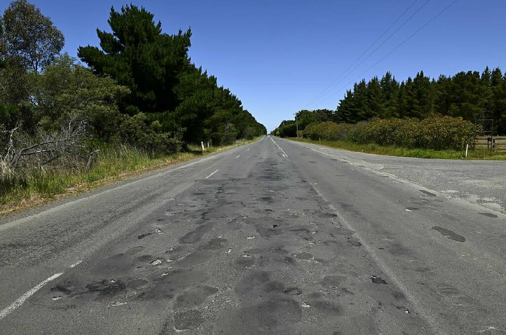 Potholes galore on the Geelong-Ballan Road, which acts as a defacto highway between Central Victoria and the coast. Picture by Adam Trafford.