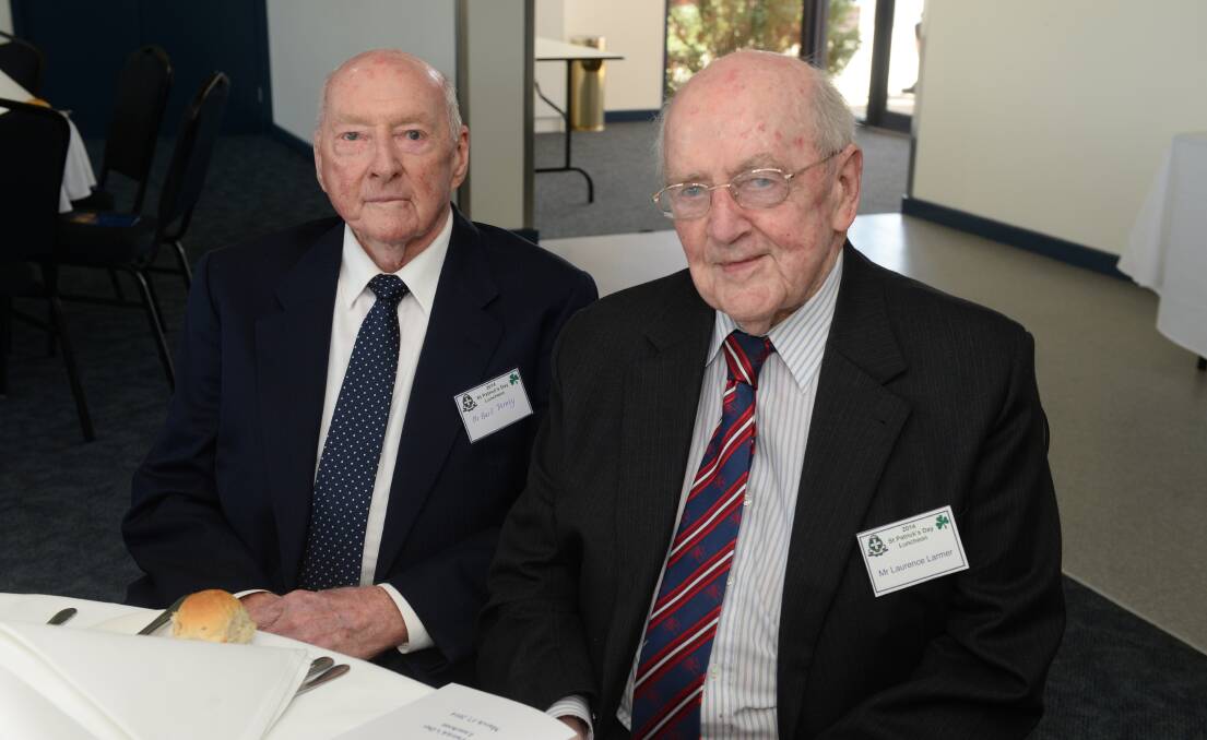 Laurie (right) at a St Patricks Day lunch for Old Collegians in Ballarat in 2014. Picture by Kate Healy.