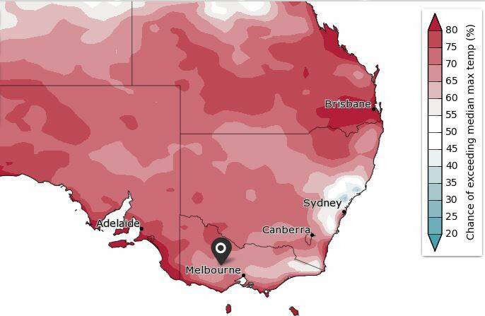 This Bureau of Meteorology map shows the chances of above average maximums between March and May 2023. Picture BoM.