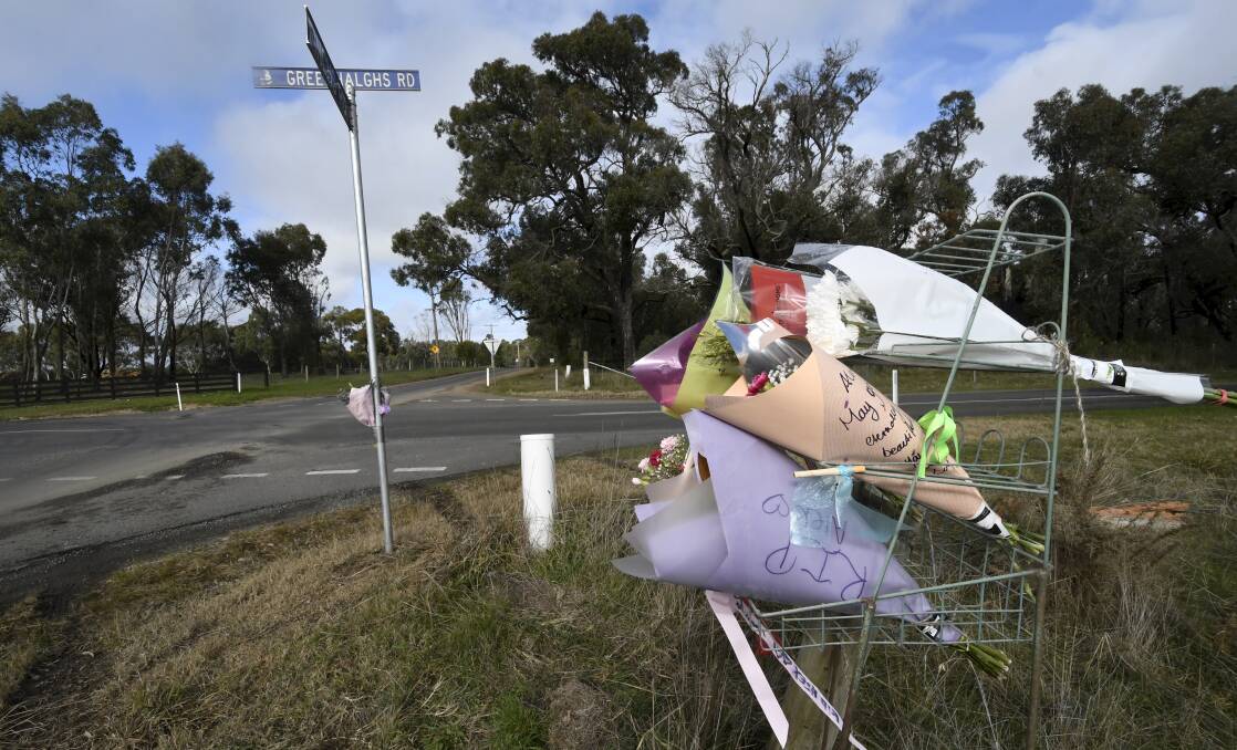 REMEMBERING ALEX: Flowers are being left in Bunkers Hill in memory of popular Ballarat hairdresser Alex Baines, who died in a two-car collision on Monday. Picture: Lachlan Bence. 