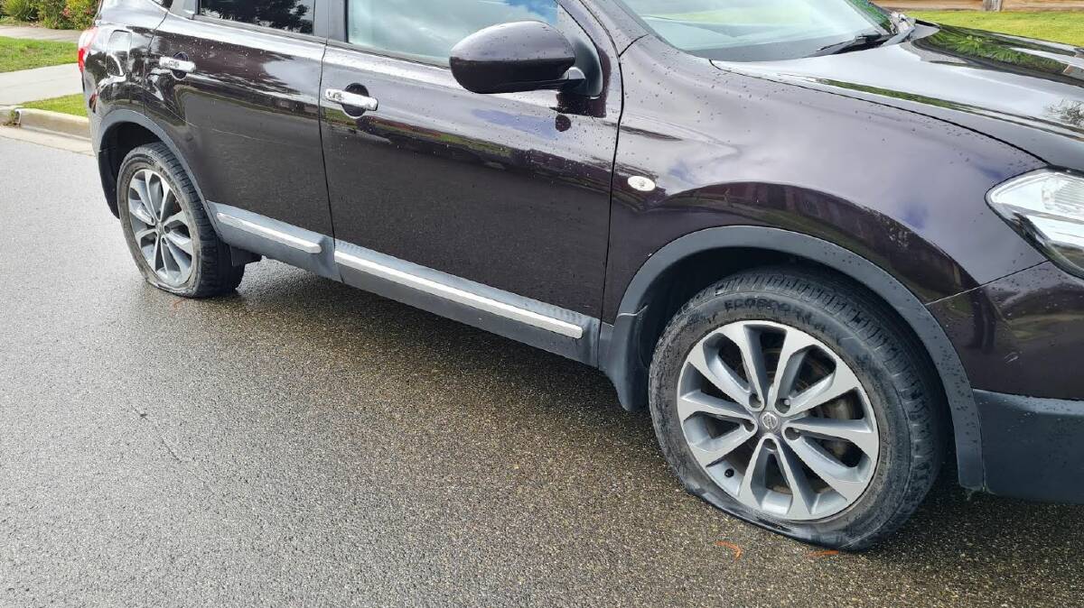 Two tyres have been cut on this car parked in Matheson Street Lucas. Picture The Courier.