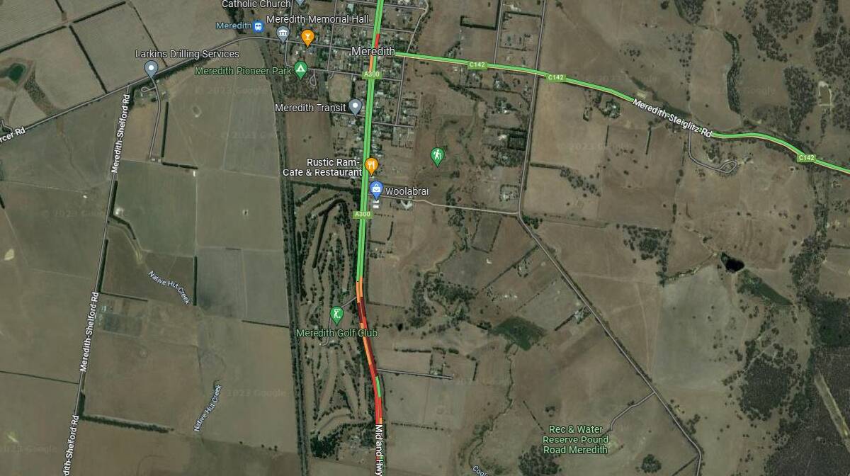 Google Live Traffic at 2.15pm showed both the Ballarat-bound and Geelong-bound lanes of the Midland Highway were blocked.
