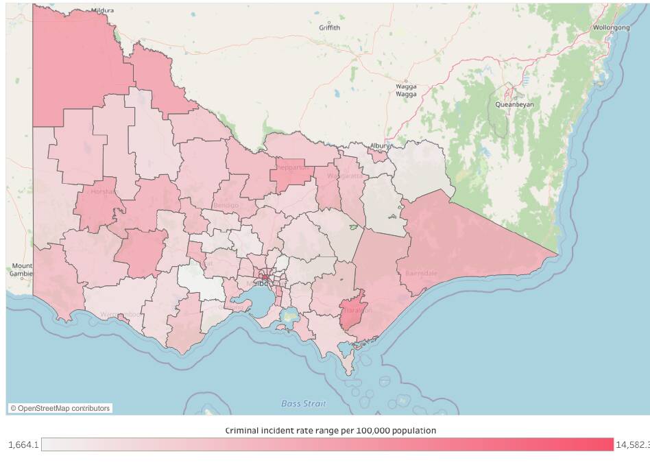 COUNCIL AREAS: This map shows how each Local Government Area compares when it comes to overall offences recorded in the 12-months to the end of March. Picture: Crime Statistics Agency.