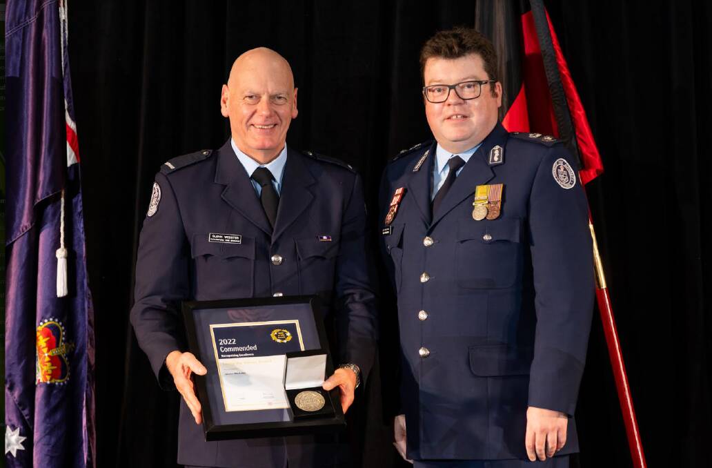 VALUES: Glenn Webster from Daylesford was given a certificate in the Living the Values category by the CFA's Acting Chief Officer Gavin Thompson. Picture: Blair Dellemijn of Uniform Photography