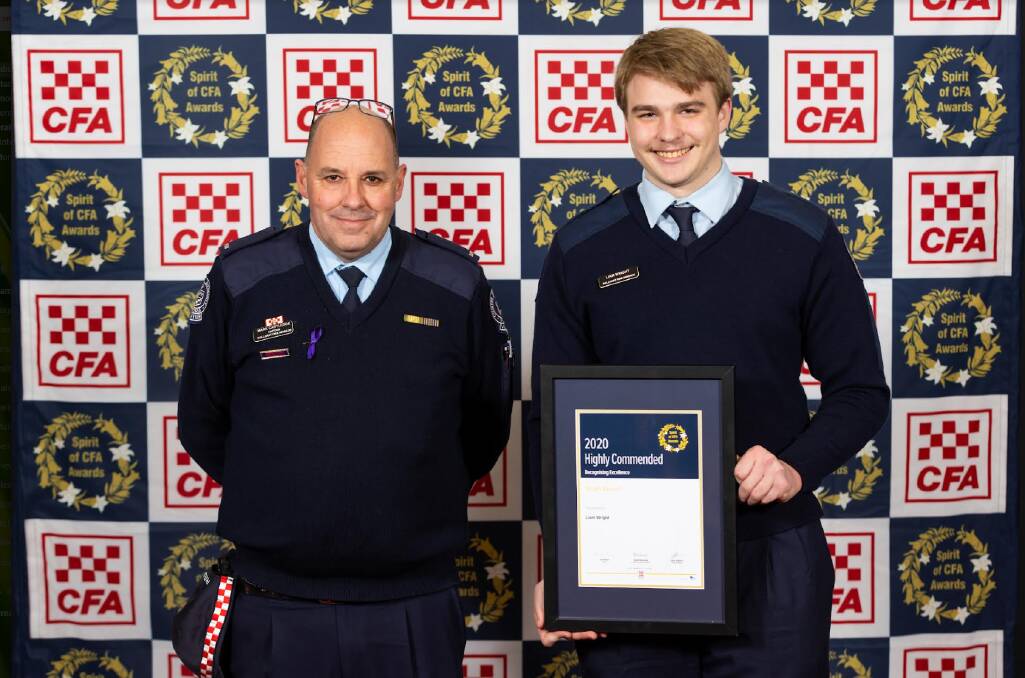 COMMENDED: Ballarat CFA firefighter Liam Wright 18 with Captain Mark Cartledge at the Spirit of the CFA awards at Ballarat's Mecure Convention Centre on Sunday. Picture: Blair Dellemijn of Uniform Photography
