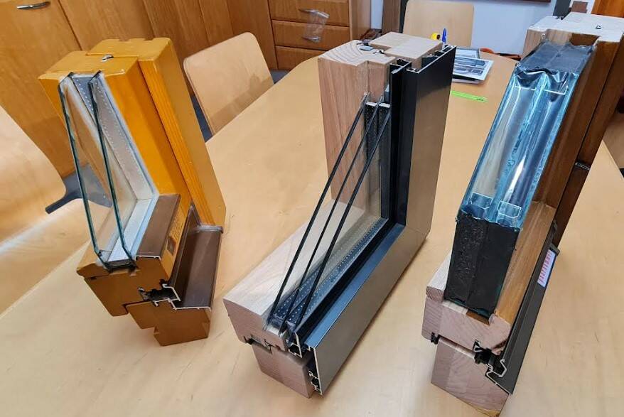 Cross sections of Paarhammer double- and triple-glazed windows, including aluminium cladding which does not need regular painting. Picture by Gabrielle Hodson.