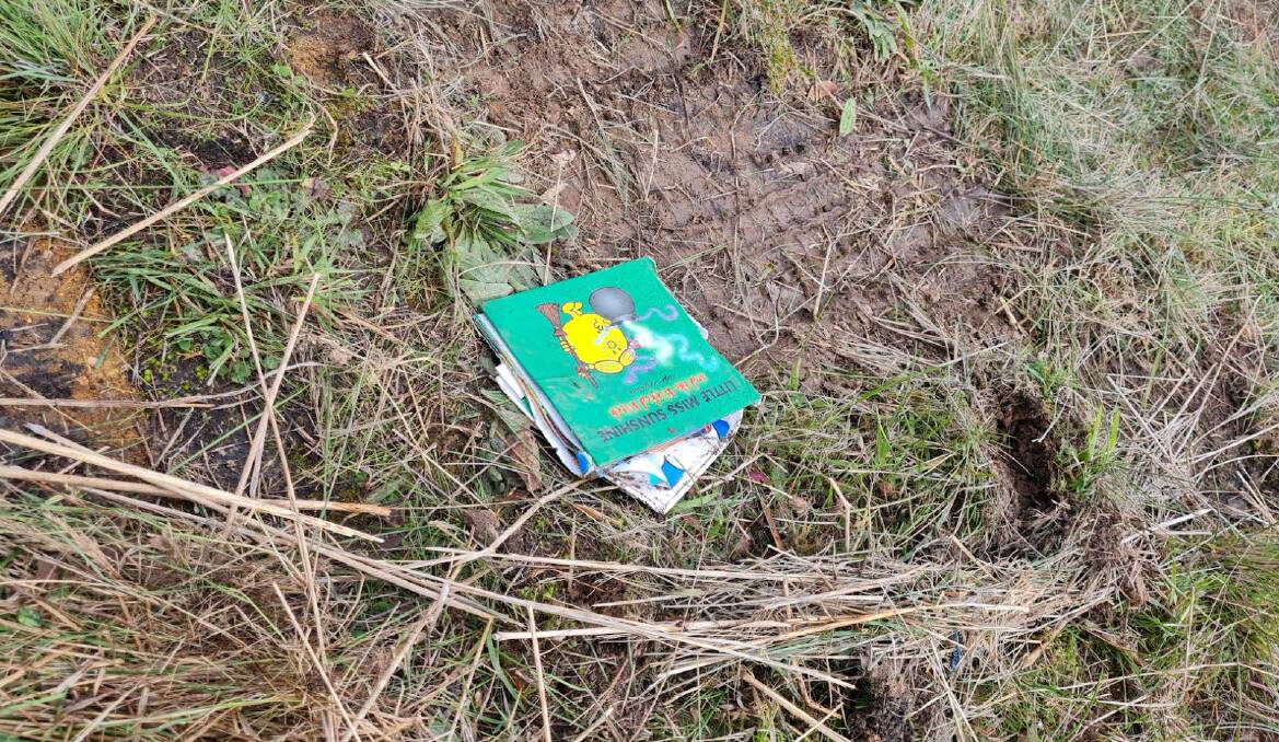 LEFT OVERS: Childrens books, a car booster seat and broken fencing still littered the site, two days after the fatal crash. Picture: Gabrielle Hodson.