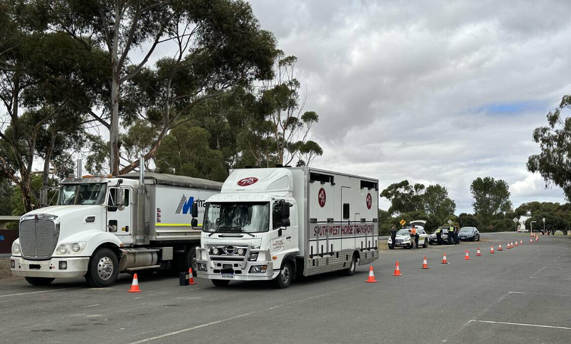Trucks lined up for inspection by Moorabool Highway Patrol on Thursday. Picture Victoria Police.
