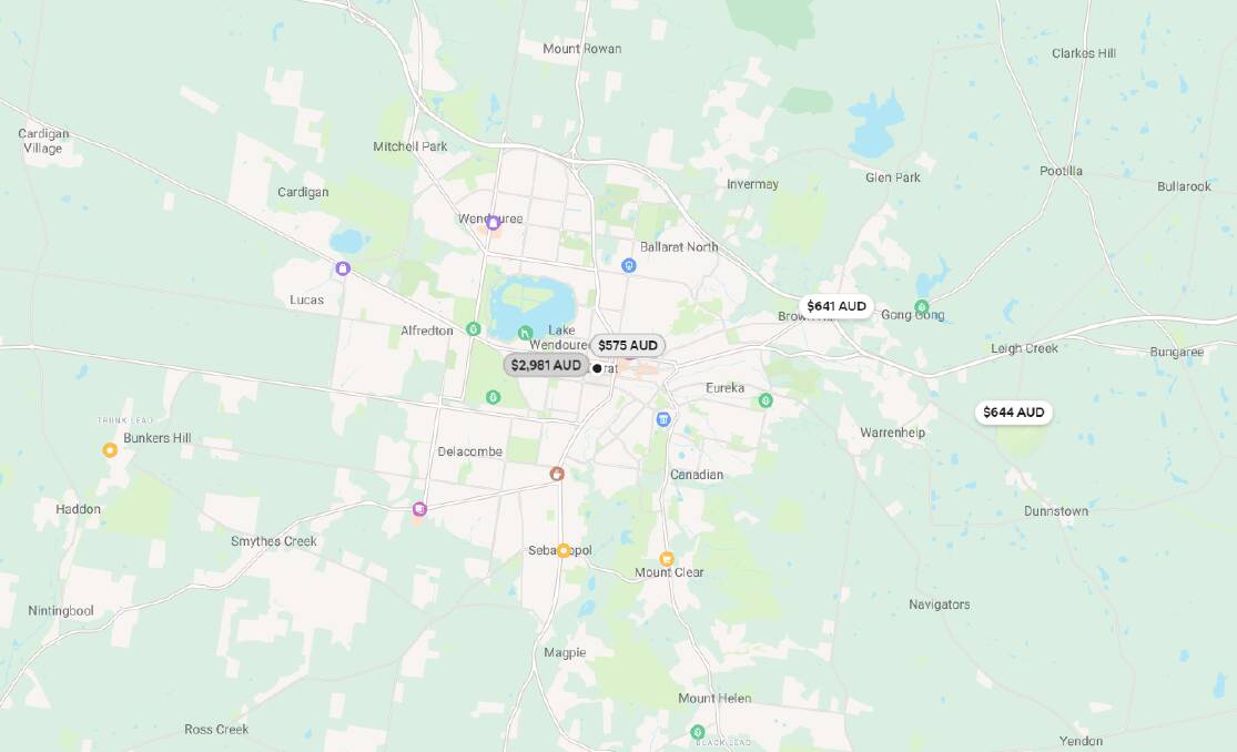 Map from Airbnb showing the four available properties in the Ballarat area on the night of Spilt Milk. Picture file