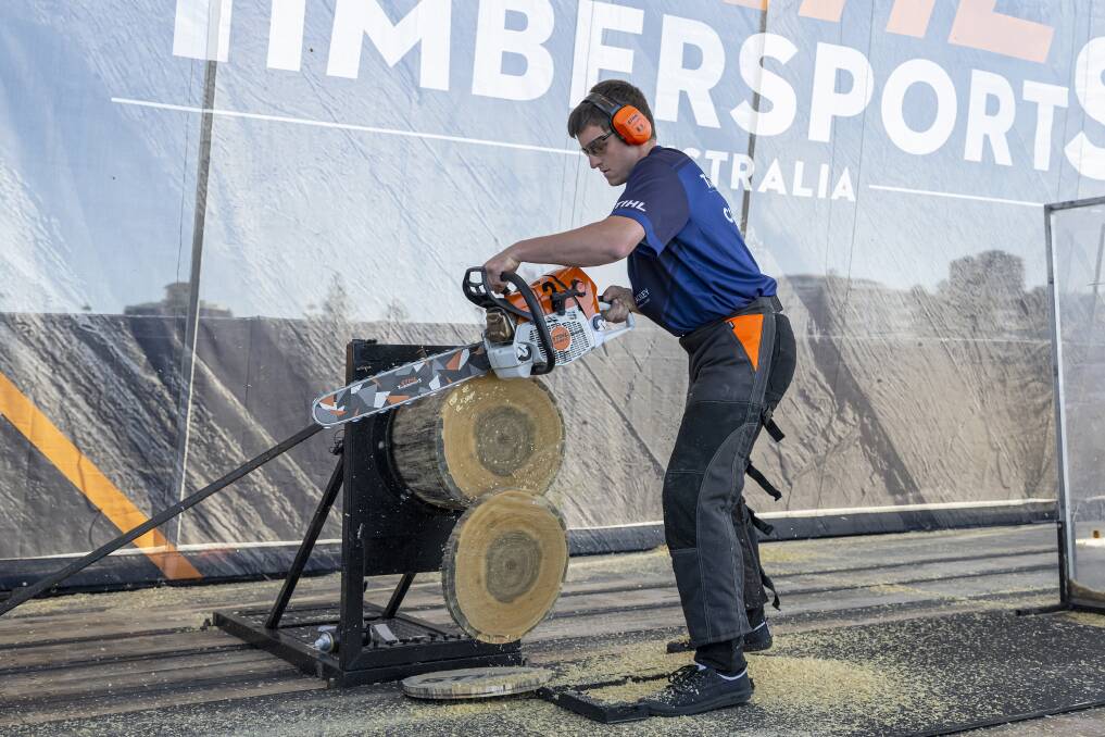 Matt Coffey competing in the stock saw discipline at the STIHL TIMBERSPORTS 2023 Australian Rookie Championships in Wollongong. Picture supplied