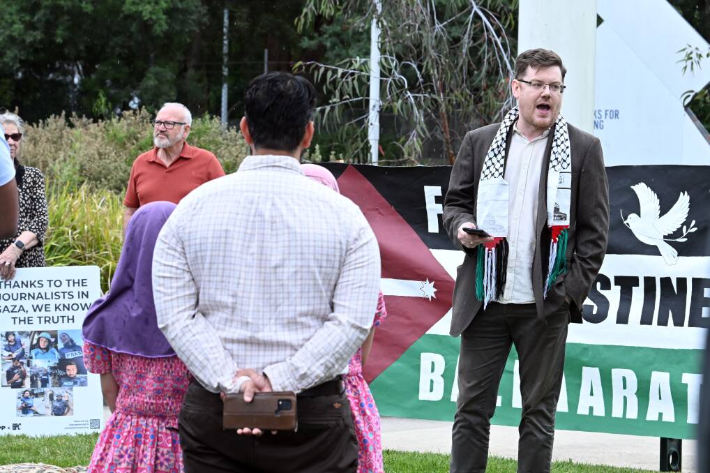 Mark Oughton-Nicholls speaking at a Free Palestine Ballarat event in Januray, 2024. Picture by Kate Healy